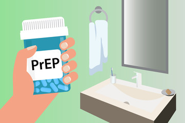 Pill Bottle over Gay Flag with label "PrEP" (stands for Pre-Exposure Prophylaxis). PreP treatment is used to prevent HIV infection