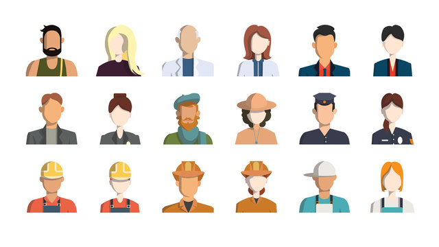 Isolated professions avatar icons on white background.
