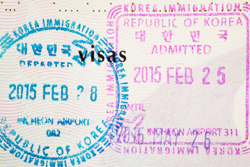 Korea immigration, Incheon airport stamp for admitted and departed for visa on passport sheet 
