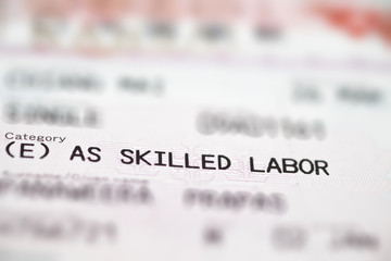 Japan work permitted as skill labor label in visa sheet in passport book