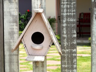 Old bird house or nest box hangs on the wooden fence.