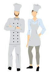 Isolated professional chefs on white background. Male and Female chefs in white uniform and chef hats.