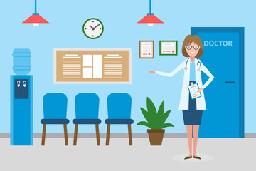 Doctor in waiting room. Beautiful smiling woman in white standing in waiting room. Hospital interior with chairs and health care information.