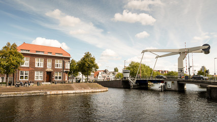 Modern Drawbridge spanning the River Spaarne in Haarlem, Netherlands.