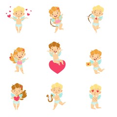 Fototapeta premium Baby Angels With Bows, Arrows And Hearts Set