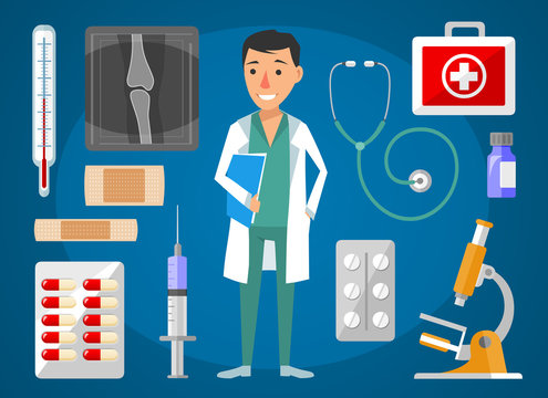 Doctor, flat design style of icon and elements in the hospital