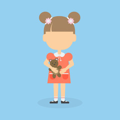 Isolated young girl on blue background. Pretty girl in dress without face with teddy bear.