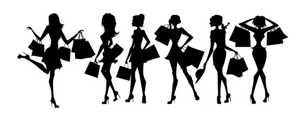 Shopping sillhouettes set. Black sillhouettes of women with shopping bags on white background. Elegant, young and slim women.