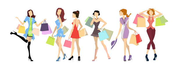 Shopping women set. Elegant, young and slim women in different outfits with colorful shopping bags on white background.