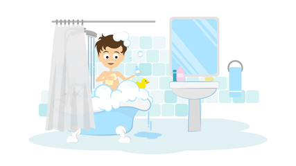 Man takes shower. Happy smiling cartoon man in the tube with foam, bubbles and yellow duck.