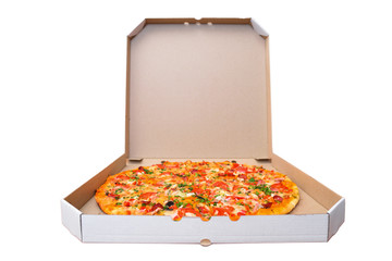 Italian pizza in paper Cardboard boxes on a white background. © Kryuchka Yaroslav