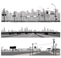 Vector illustration.City traffic.Bridge highway and city skyline silhouette