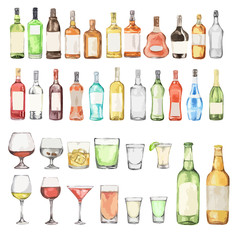 Watercolor alcohol set. Many bottles and glasses on white background. Wine, liquor, champagne and beer.
