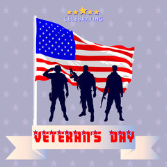 Veterans Day, illustration, three soldiers, the US flag, horizontal, gray background.