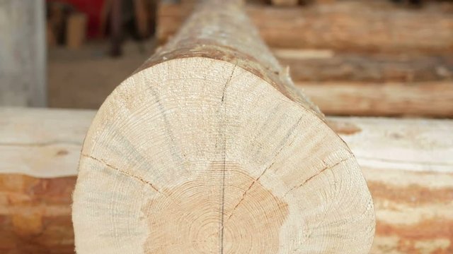 Background: wooden logs in the future house. Close-up and moving camera
