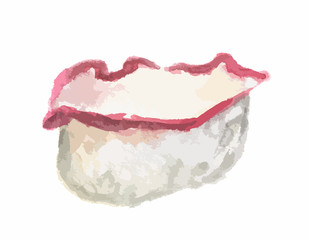 Isolated watercolor sushi roll on white background. Traditional asian food with caviar, rice and fish.