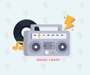Music concept with music tools in flat style: Boombox, record, notes . Vector illustration