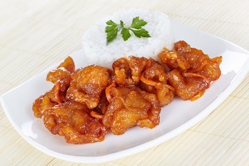 Chinese cuisine. Pork in batter and sweet and sour sauce