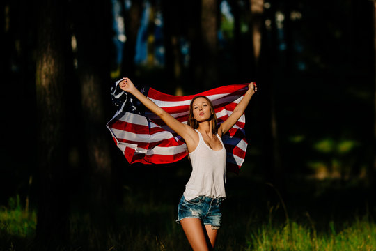  Sexy Girl With American Flag In Hands.