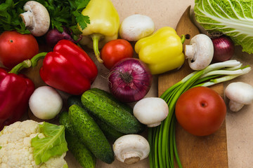 Close up various colorful raw vegetables