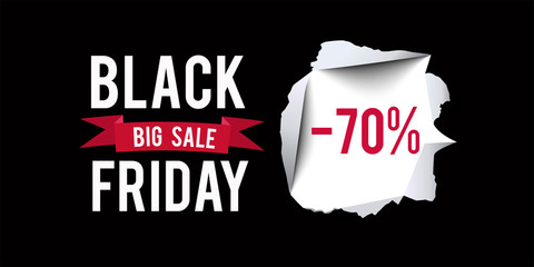 Black Friday sale design template. Black Friday 70 percent discount banner with black background. Vector illustration.