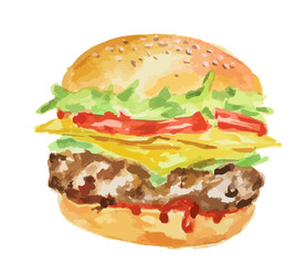 Isolated hamburger on white background. Fresh and delicious hamburger with tomatoes, lettuce, meat and sauce. Watercolor art.