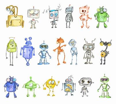 Robots watercolor set isolated on white background