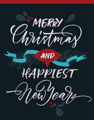 Merry Christmas and happiest New Year greeting card with Christmas decorations.  
