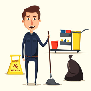 Cleaning staff character with equipment. Cartoon vector illustration.