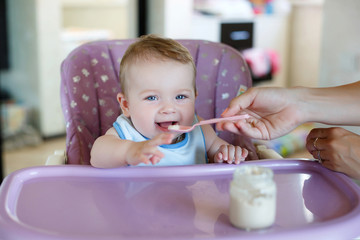 Cute baby with blond hair and blue eyes, wearing a blue shirt, sitting at a table purple for feeding babies, eat cheese from a pink spoon that feeds his mom