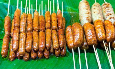 mix sausage steamed at thai street market,street food thailand  meat ball Thai cuisine
