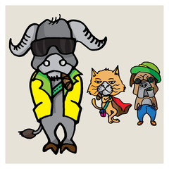 cute abstract cat buffalo and dog cartoon vector character