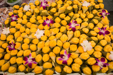 Ancient Thai Dessert (TAN-TA-NOD) available in Thai market,Thai sweets,Yellow dessert.Ancient Thai sweets