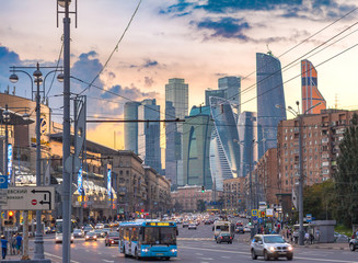 Bolshaya Dorogomilovskaya street, view of the business center "Moscow-city" and shopping center "European" in the evening, Moscow urban cityscape