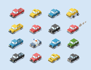 Vector isometric set of city passenger transport, car, taxi, police, minivan, cat with exhaust, 3D flat design, cartoon cute car icons

