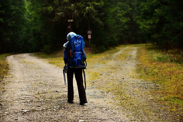 Young mother trekking, carrying her baby in a baby backpack