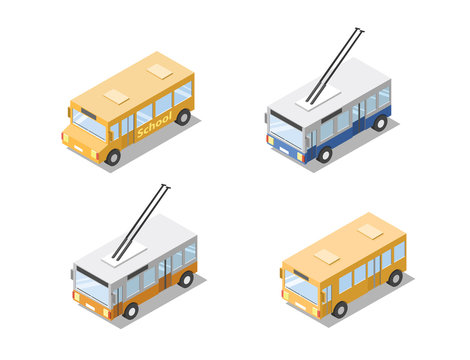 Vector isometric set of public city transport ,orange bus, school bus, trolleybus