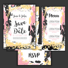 Save the date freehand card with hand drawn background. Modern Stock vector. Invitation design with menu and RSVP card.