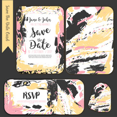 Save the date freehand card with hand drawn background. Modern Stock vector. Invitation design with menu and RSVP card.