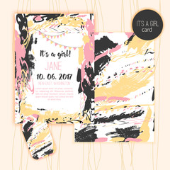 Vector baby shower brush card set. It's a girl. Lettering Baby shower design. Element for invitation design.