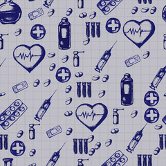 Vector doodle seamless illustration. Medicine icons