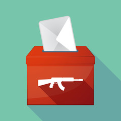 Long shadow ballot box with  a machine gun sign