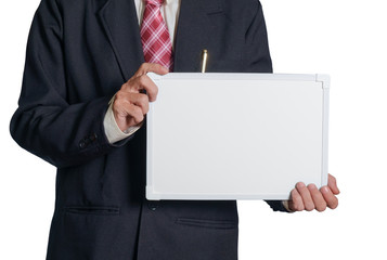 Businessman / View of businessman holding whiteboard on white background.