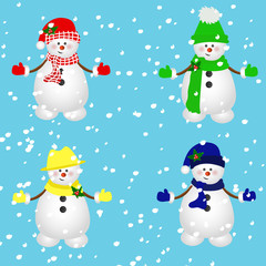 Snowman vector illustration. Set of snowmen in various hats and scarves. Snowman costume