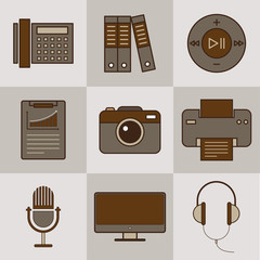 Vector set of flat business and technology icons on brown background.
