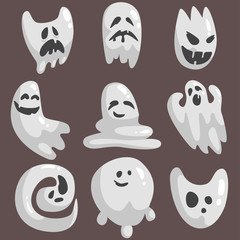 White Ghosts In Childish Cartoon Manner Set On Dark Background.