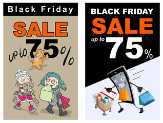 Black Friday sale up 75 percent discount. Funny vector cartoon