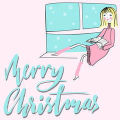 Girl sitting on the window-sil and read book on pink background. Merry Christmas lettering. EPS10
