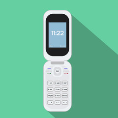 Flip cellphone. Vector illustration of the mobile device. Flat style design with long shadow.