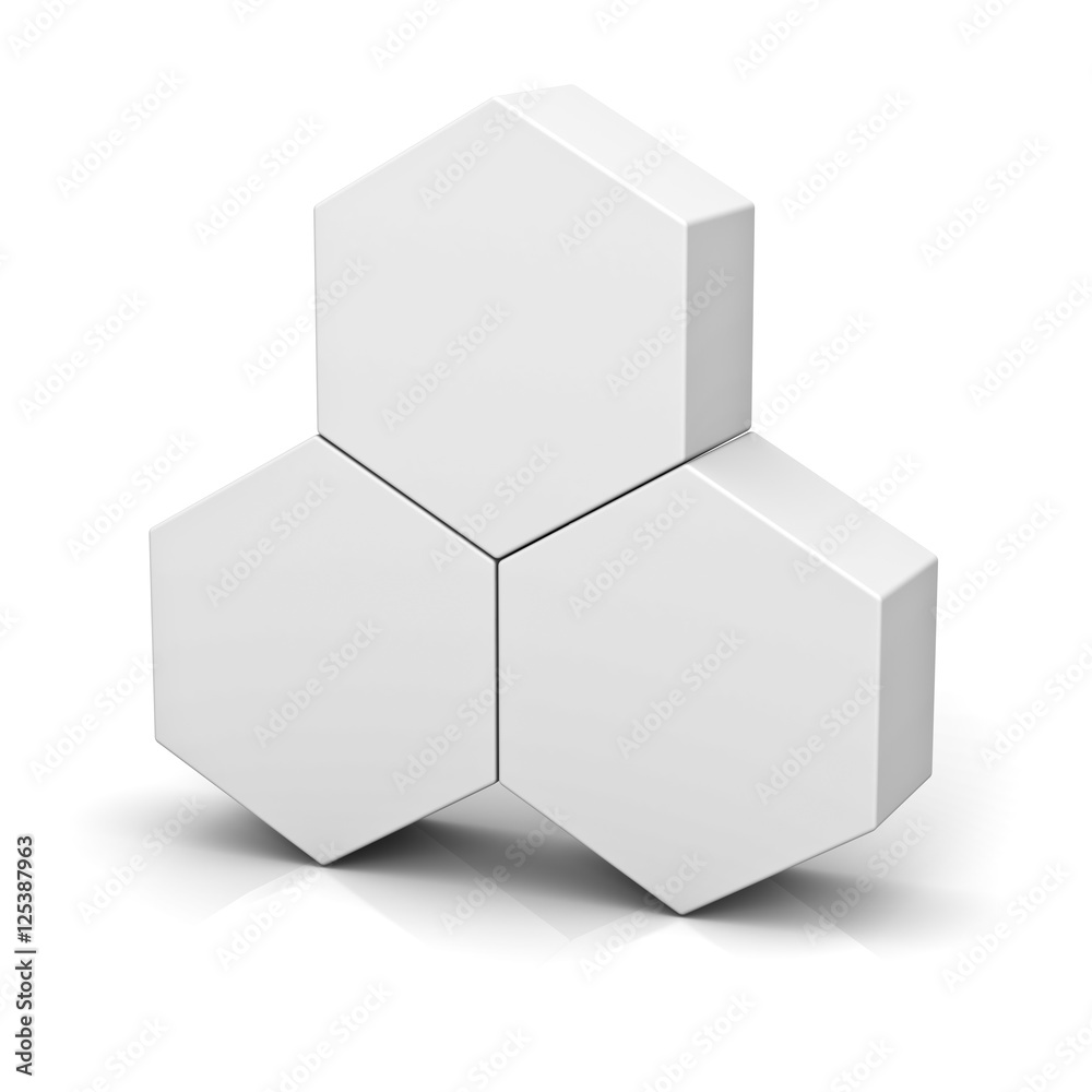 Poster Blank hexagon signboard boxes on white background abstract concept with shadow 3D rendering